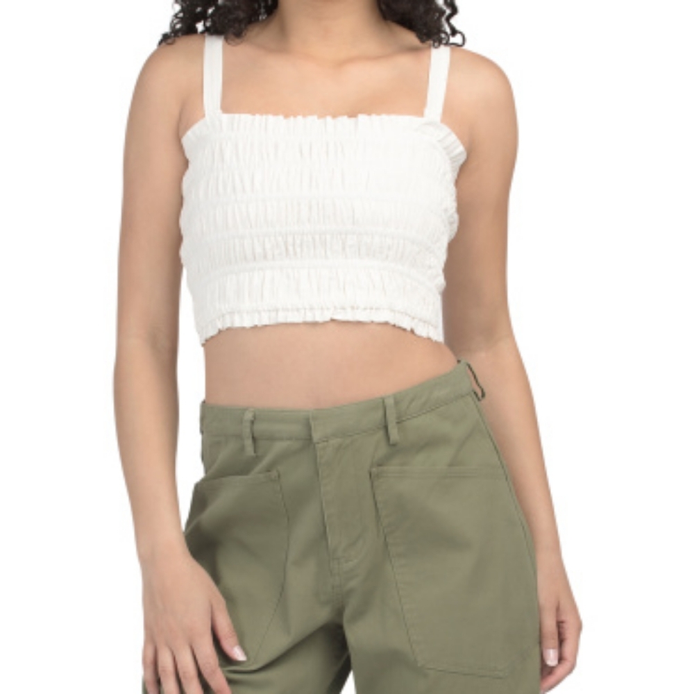 NWT - Linen Blend Ebby & I "Linen Lux" White Smocked Crop Top - Size 14